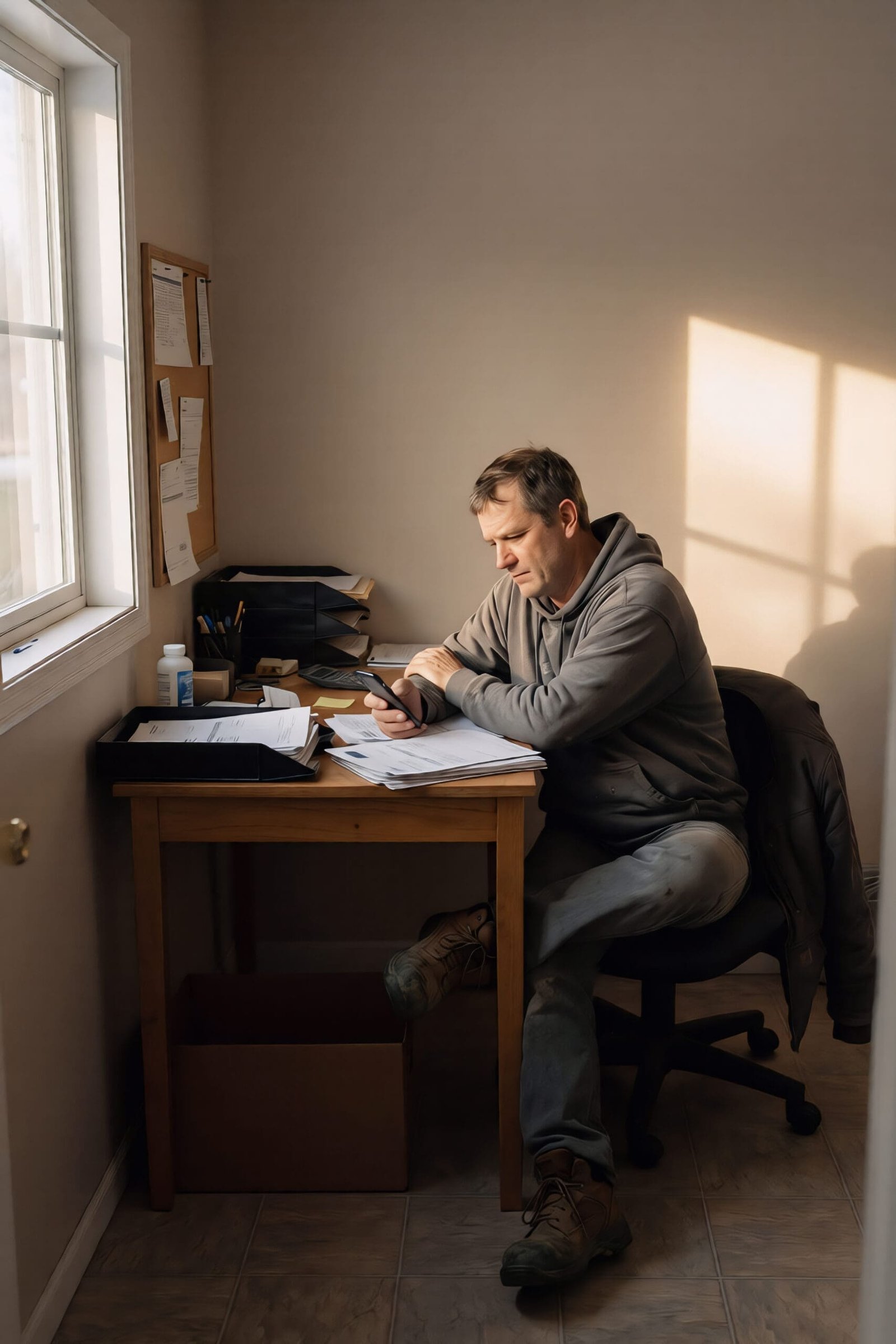 Contractor sitting at desk reviewing paperwork and checking phone, worried about slow business and lack of new jobs