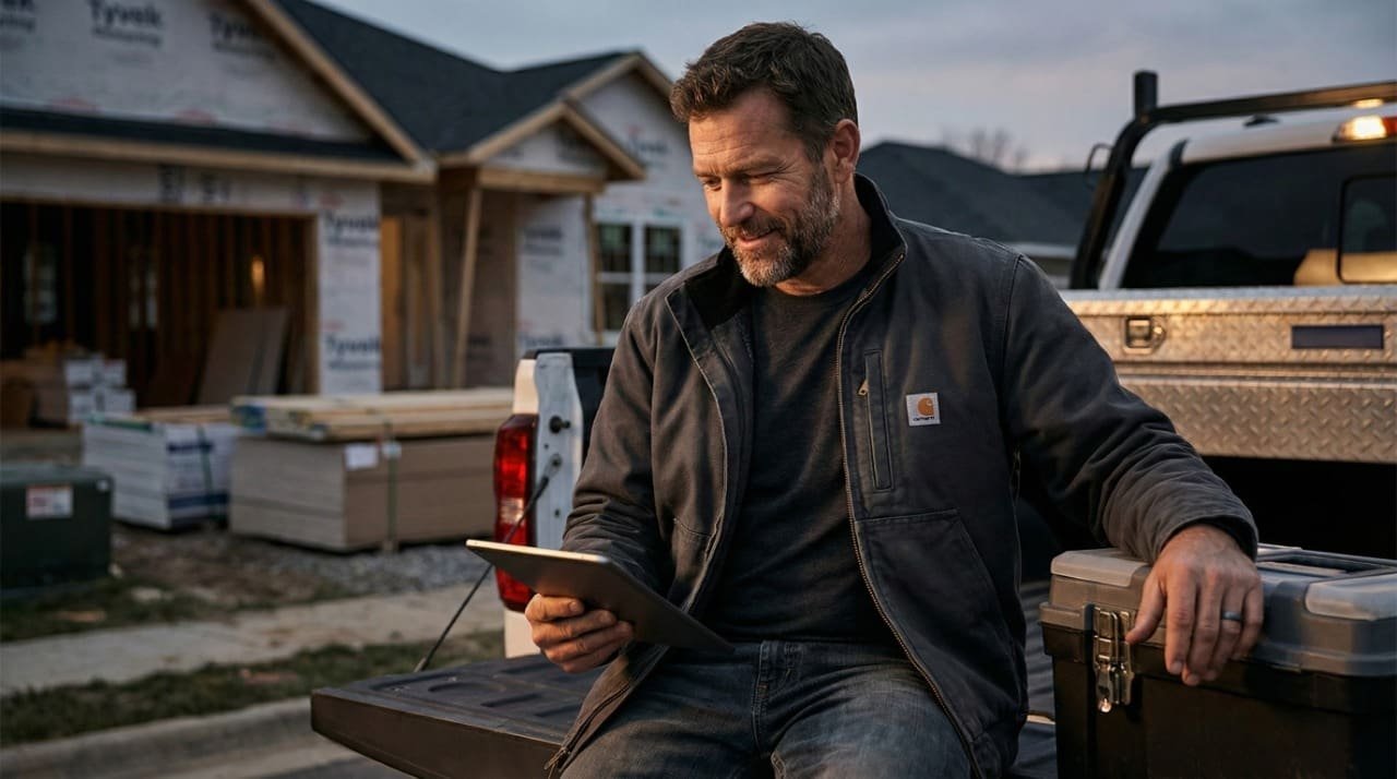 Contractor checking new job requests on a tablet in front of a house under construction